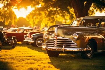 Vintage car show in a scenic countryside with enthusiasts and visitors admiring classic cars. - obrazy, fototapety, plakaty