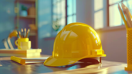 A yellow hard hat placed on a work desk, suggesting a work environment related to construction, engineering, or other industries where safety gear is essential. - obrazy, fototapety, plakaty