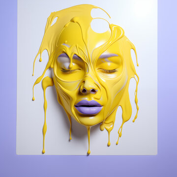 Creative art photo of beautiful female face with blue shade of cyan lips on wall covered with acrylic yellow paint, paint drips effect.