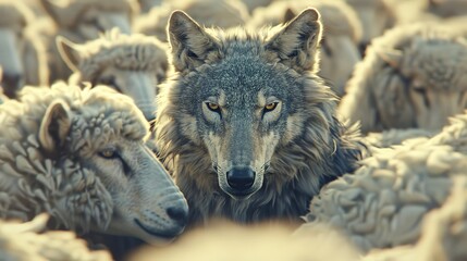 A Wolf In Sheep's Clothing - A wolf hiding among dozens of sheep 