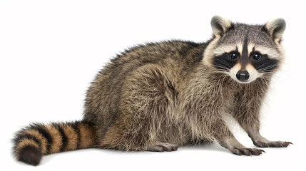 Raccoon sitting on a white background.