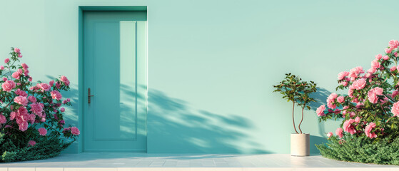 Floral mockup with doorway. Front door, entrance, decorated peonies flowers. Home exterior, patio, backyard in a modern villa, penthouse. Facade of a modern house Generative ai