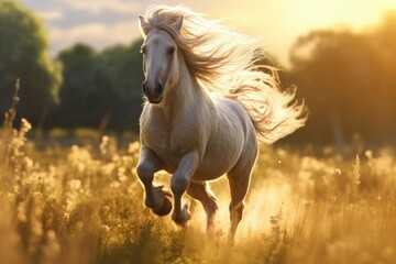 Mythical centaur galloping through sunlit meadow. - obrazy, fototapety, plakaty