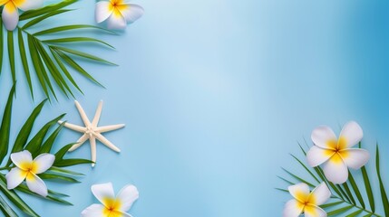 Tropical frame with palm leaves and tropical flowers on a teal blue background and space for text, A summer holiday themed banner template with copy space