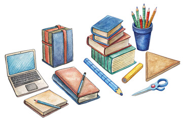 Stationery Supplies set for school and office, pencils, pens, paper, art tools, notebooks on transparent background