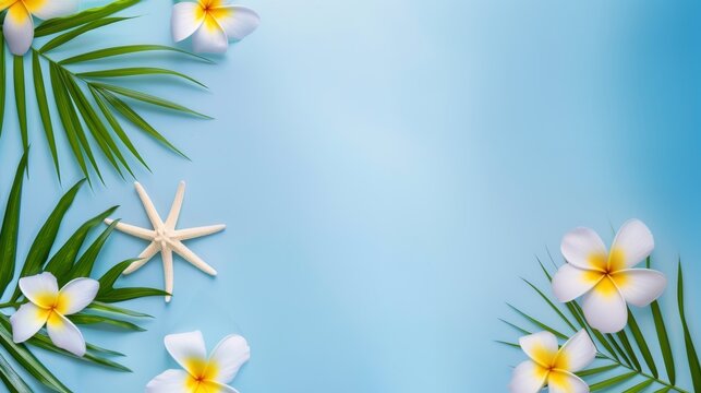 Tropical frame with palm leaves and tropical flowers on a teal blue background and space for text, A summer holiday themed banner template with copy space