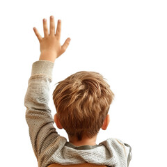 Back view of a child sitting on a chair and raising his hand to answer in the classroom isolated on transparent background.