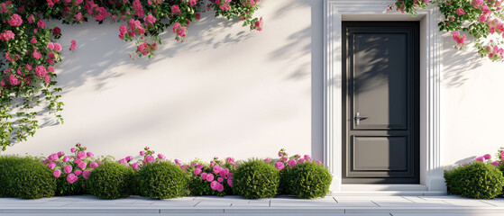 Fototapeta na wymiar Floral mockup with doorway. Front door, entrance, decorated peonies flowers. Home exterior, patio, backyard in a modern villa, penthouse. Facade of a modern house Generative ai