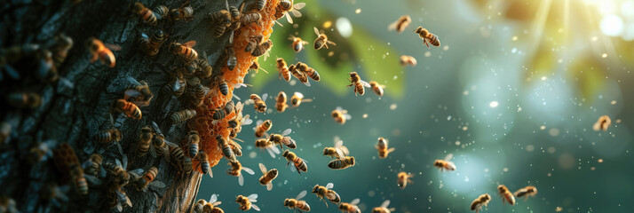 close-up, a swarm of bees on a stovbur tree, a hive with bees on honeycombs, flying in motion, sun rays, for a banner