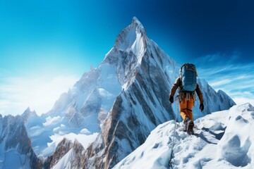 Naklejka na ściany i meble Mountain climber ascending a steep icy peak