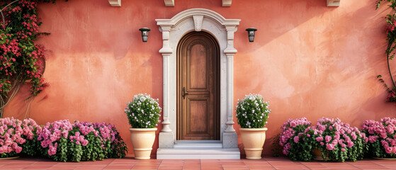 Fototapeta na wymiar Pink floral mockup with doorway. Front door, entrance, decorated peonies flowers. Home exterior, patio, backyard in a modern villa, penthouse. Facade of a modern house. Generative ai