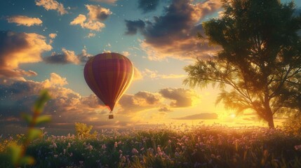 A hot air balloon gracefully floats through a sky filled with fluffy clouds, A rising balloon symbolising the 1920s inflation in Germany, AI Generated