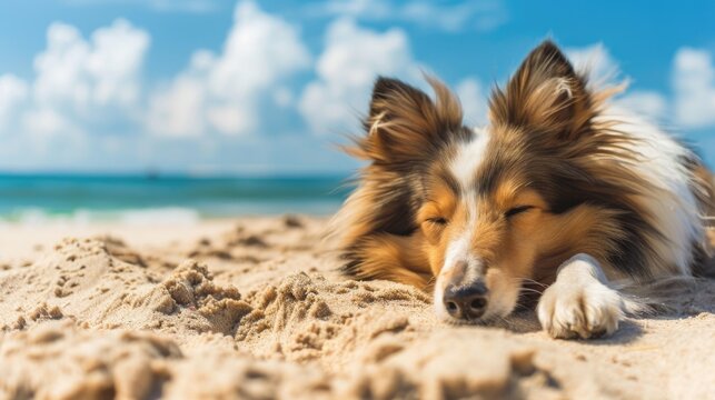 Shetland sheepdog lying on the beach sand.