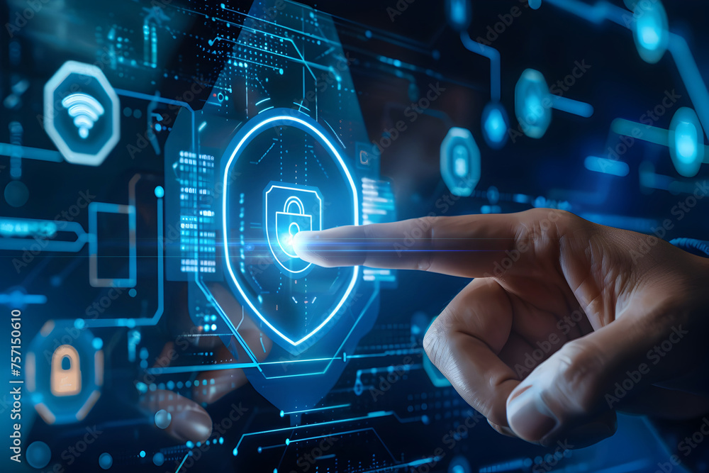 Poster businessman touching virtual screen interacting with a security button, showcasing the concept of in