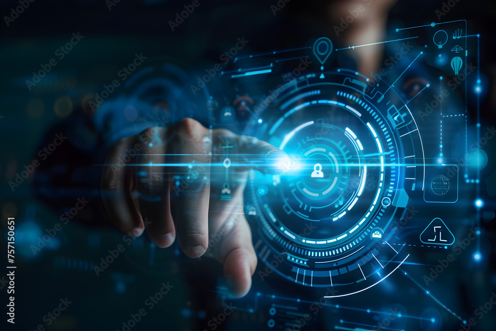 Poster login. business man hand touching on virtual digital padlock key diagram with media link connecting 