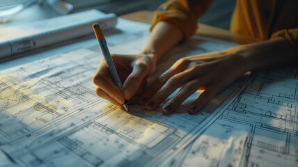 Close-up of a female architect's hand drafting a project or working on a detailed design.