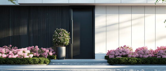 Fototapeta na wymiar Minimal mockup with doorway. Facade of a modern house with front door, entrance home exterior. patio, backyard in a modern villa, penthouse. Generative ai