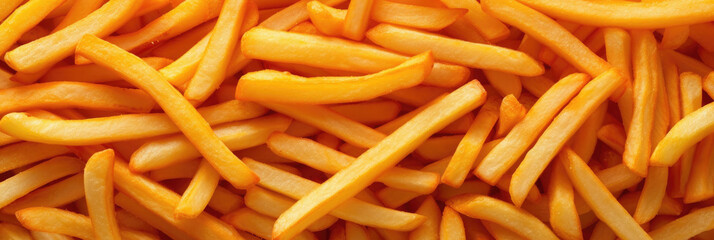texture of French fries, fried potatoes in long strips, for a banner, flatlay