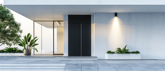 Minimal mockup with doorway. Facade of a modern house with front door, entrance home exterior. patio, backyard in a modern villa, penthouse. Generative ai - obrazy, fototapety, plakaty