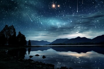 Meteor shower over a serene lake, with shooting stars reflecting in the calm waters, surrounded by a peaceful landscape. - obrazy, fototapety, plakaty