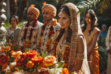 A cultural outdoor wedding ceremony in a botanical garden, with traditional attire