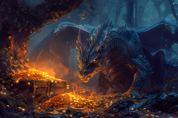 an illustration of splendid dragon, radiating with majesty, perches on the edge of a timeworn chest brimming with glittering golden coins Surrounded by the mystical beauty of an enchanted forest
