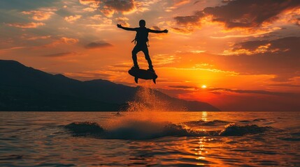 The new spectacular sport, the flyboard is showed in the coast of beach on the sunset. Man on flyboard