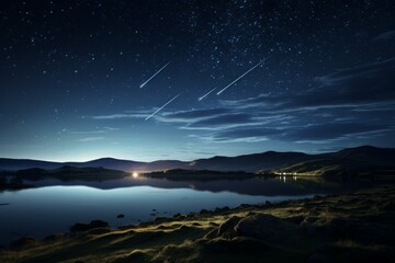 Breathtaking meteor shower lighting up the night sky with dazzling trails of light, reflected in a serene lake. - obrazy, fototapety, plakaty