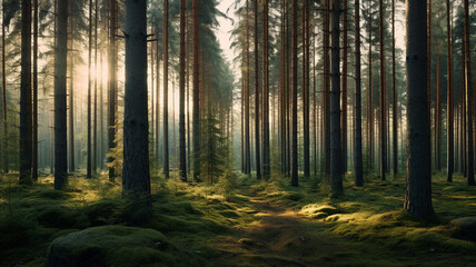 Obraz premium A forest filled with tall pine trees, creating a dense and majestic woodland landscape.