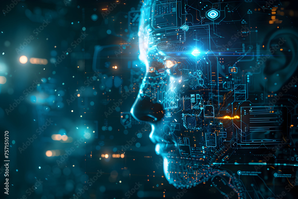 Poster artificial intelligence. digital artwork showcases an ai robot head with intricate facial features, 