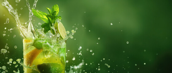 Ice-cold summer cocktail with mint and lime, close-up view of a Mojito cocktail with splashes, wide green background with copy space