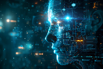 Artificial Intelligence. digital artwork showcases an AI robot head with intricate facial features, surrounded by a dark blue, futuristic background Glowing data streams and circuit board elements