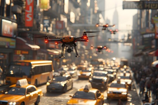 3d rendered of stunning photograph capturing a dynamic moment in urban life, this image showcases drone soaring above the busy streets of modern city, transportation and delivery service concept
