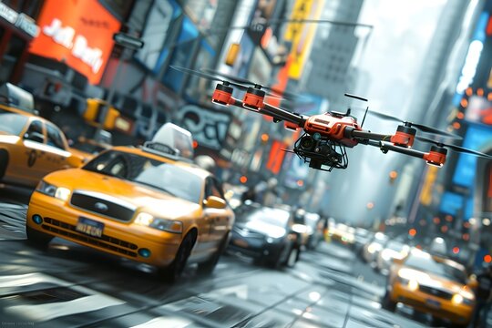 3d rendered of sleek and modern drone equipped with cameras soars above a bustling city street, surrounded by yellow cabs and towering skyscrapers, transportation and delivery service concept