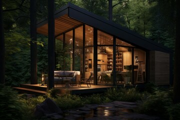 Fototapeta na wymiar Cozy tiny home in a lush forest