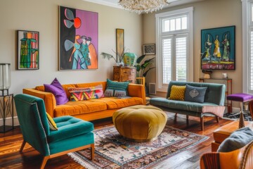 The living room is a mix of vintage and modern furniture and bright colors.