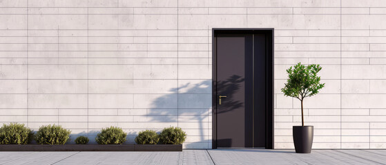 Minimal mockup with doorway. Facade of a modern house with front door, entrance home exterior. patio, backyard in a modern villa, penthouse. Generative ai