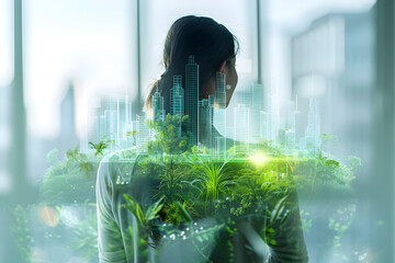 minimalist illustration of businesswoman interacting with a cool blue toned hologram, presenting a green city powered by renewable energy Crisp lines and sleek design elements create