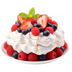 Pavlova cake meringue cake with fresh berries and fruits isolated on transparent background	