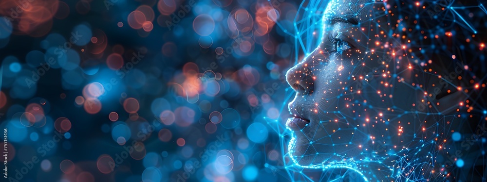 Poster artificial intelligence. image showcases an abstract digital human head profile with a futuristic co