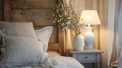 Wooden bedside cabinet near bed with beige bedding. French country interior design of modern luxurious bedroom.