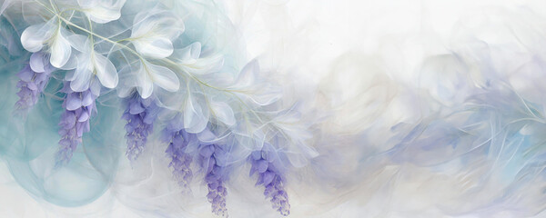 Wisteria, glicynia. Abstrakcyjne niebieskie kwiaty, pastelowe tło. Puste miejsce
