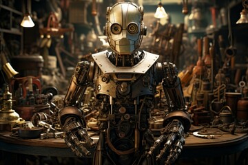 Steampunk robot in a workshop surrounded by tools and spare parts.