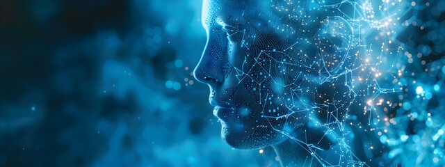 Artificial Intelligence. image showcases an abstract digital human head profile with a futuristic concept of artificial intelligence. A neural network is depicted through glowing blue connections