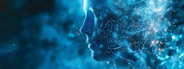 Foto op Aluminium Artificial Intelligence. image showcases an abstract digital human head profile with a futuristic concept of artificial intelligence. A neural network is depicted through glowing blue connections © Pravit