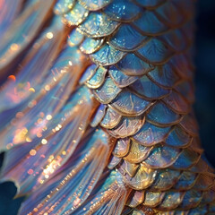 Close-up of a mermaid tail with glitter scales reflecting the light in a spectrum of colors