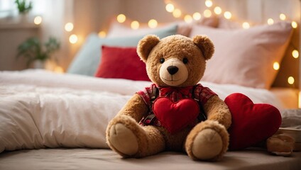 Teddy bear with a red Valentine's Day heart. Valentine's Day,  On a neatly made bed with plush pillows and a warm duvet. 
