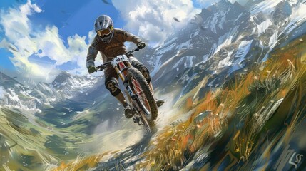 Cyclists riding through a breathtaking mountain trail, surrounded by majestic peaks, Generative AI