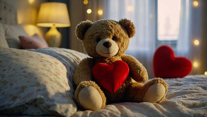 Teddy bear with a red Valentine's Day heart. Valentine's Day,  On a neatly made bed with plush pillows and a warm duvet. 
