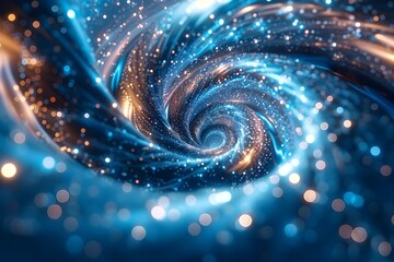 This artwork showcases a mesmerizing holographic blue spiral of interconnected, luminescent nodes, unfurling before a pristine, metallic floor The swirling vortex of particles and stars
